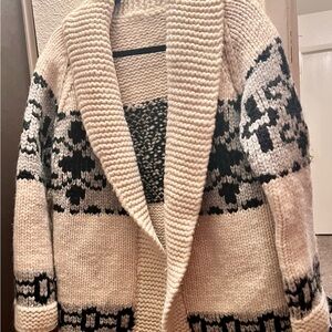 Cream and Black Chunky Knit Cardigan with Shawl Collar